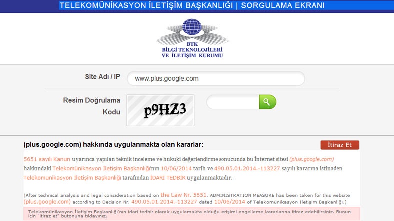 Google+ engellemesi TİB'in sayfasında böyle yer alıyor Google+ engellemesi TİB'in sayfasında böyle yer alıyor